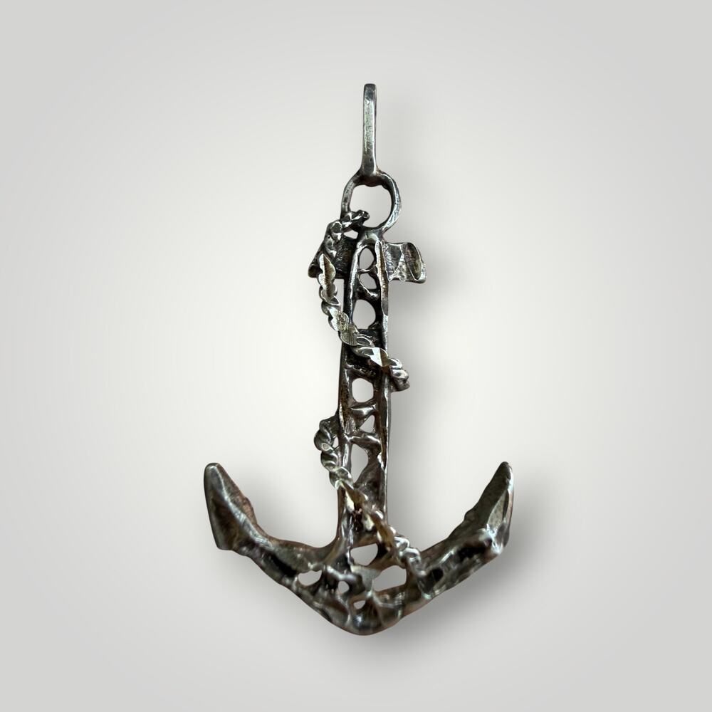 Vintage Brutalist Sterling Silver Anchor Pendant Nautical Modernist Artisan - Picture 3 of 8